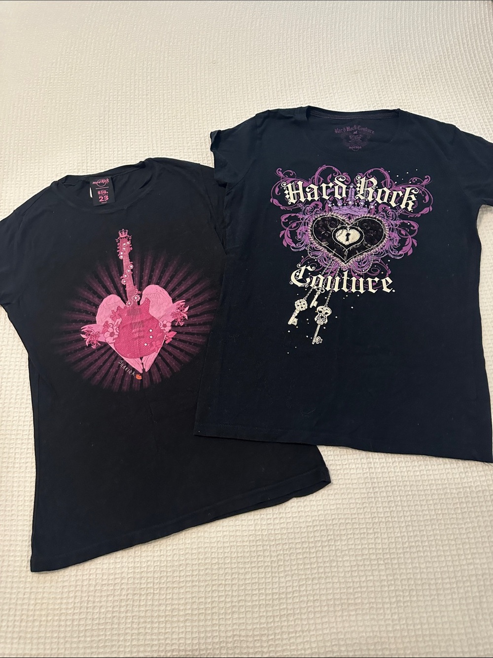 Hard Rock Cafe Black Tee with Pink Heart Guitar Graphic
